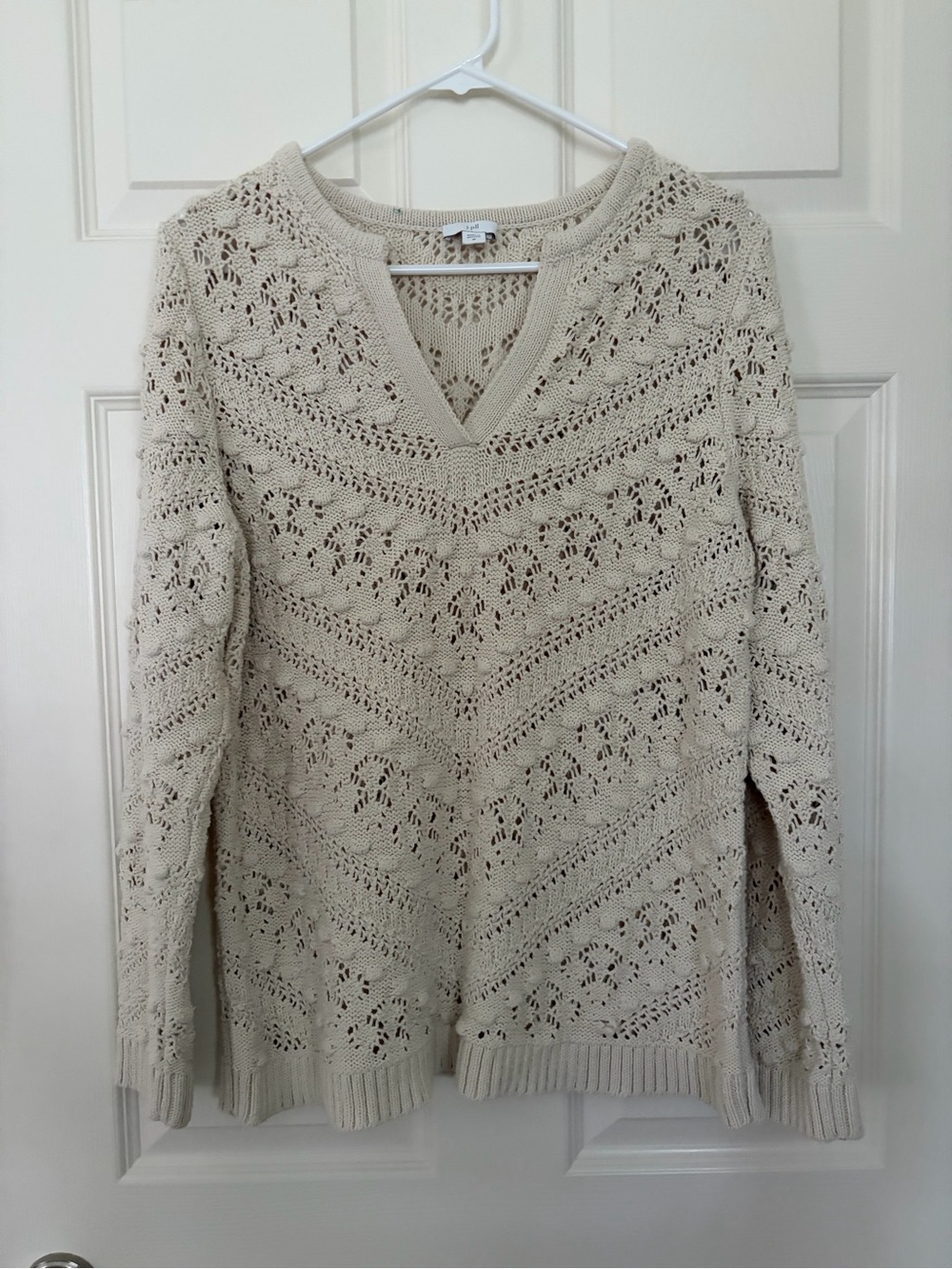 J. Jill Cream Crochet V-Neck Sweater